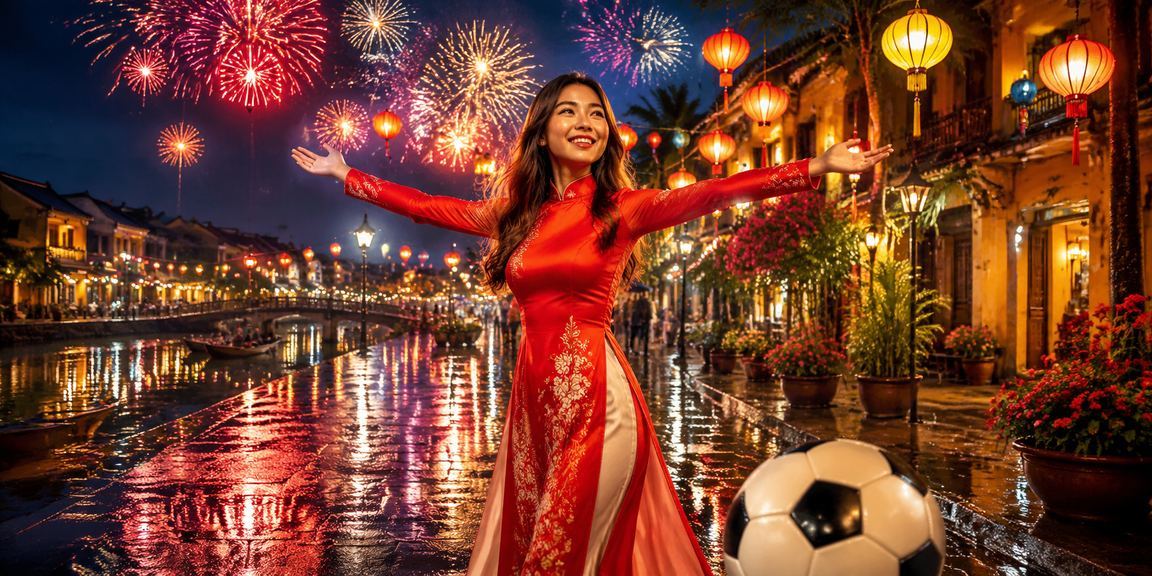 Người phụ nữ mặc áo dài tại Hội An đặt kèo bóng đá trực tuyến trên điện thoại